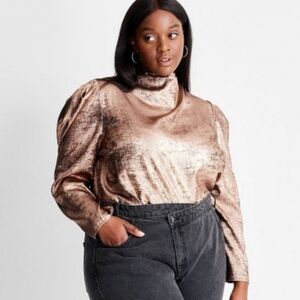 Future Collective Metallic Puff Shoulder Long Sleeve Mock Neck Blouse